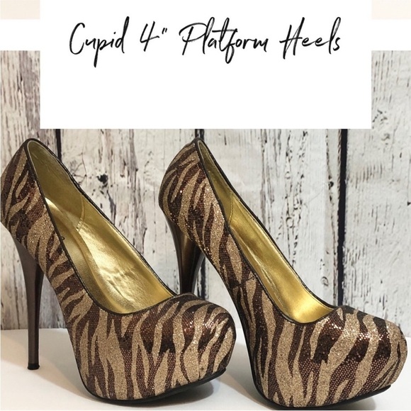 CUPID Brown/ Gold Zebra Print Rhinestone Platform Stiletto Heels Size 8 - Picture 1 of 14